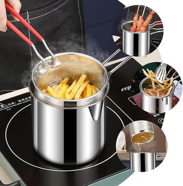 tainless Steel Deep Fryer Pot with Basket, Stove Top Deep Fryer with Easy Grip Handle, Large Capacity Multifunctional Oil Strainer Pot For Frying Fish Shrimp Fries Chicken(Silver)