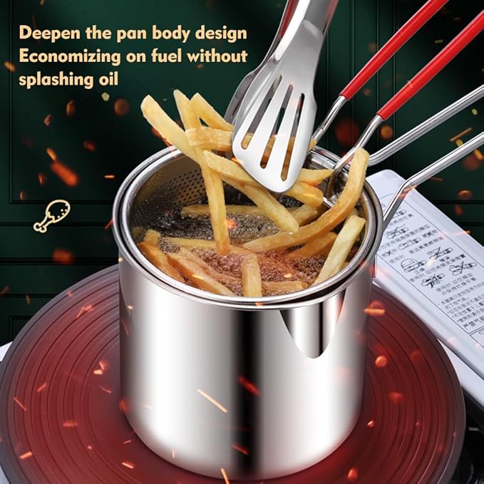 tainless Steel Deep Fryer Pot with Basket, Stove Top Deep Fryer with Easy Grip Handle, Large Capacity Multifunctional Oil Strainer Pot For Frying Fish Shrimp Fries Chicken(Silver)